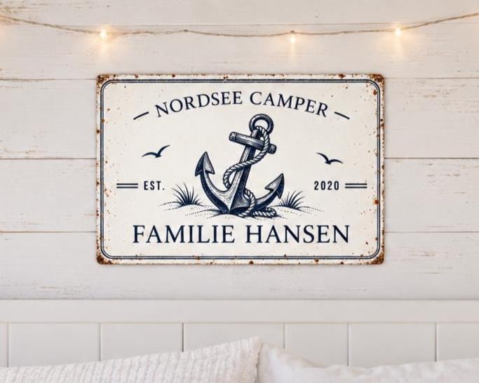 Personalisiertes Camper Blechschild | Wohnmobil Deko mit Namen | maritimes Vintage Metallschild | Wunschtext | Geschenk Camper | 30 × 20 cm