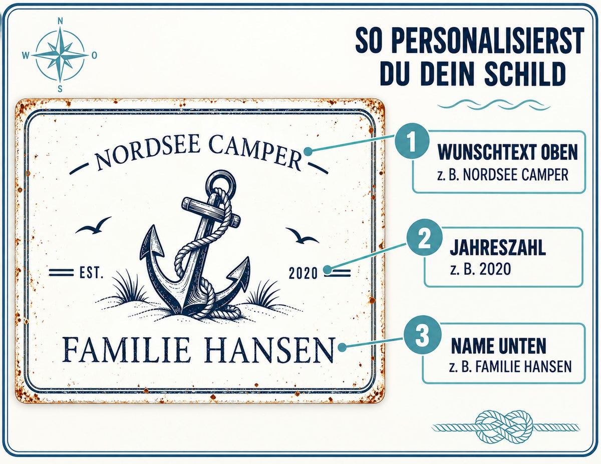 Personalisiertes Camper Blechschild | Wohnmobil Deko mit Namen | maritimes Vintage Metallschild | Wunschtext | Geschenk Camper | 30 × 20 cm