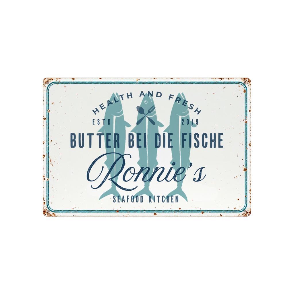 Personalisiertes Blechschild Küche 30 × 20 cm | Butter bei die Fische | maritimes Küchenschild mit Name und Jahreszahl