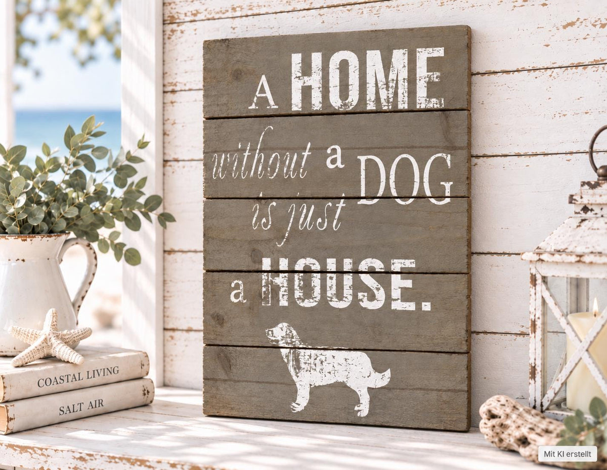 Vintage Holzschild „A Home Without a Dog Is Just a House“ | Shabby Chic Wanddeko für Hundeliebhaber
