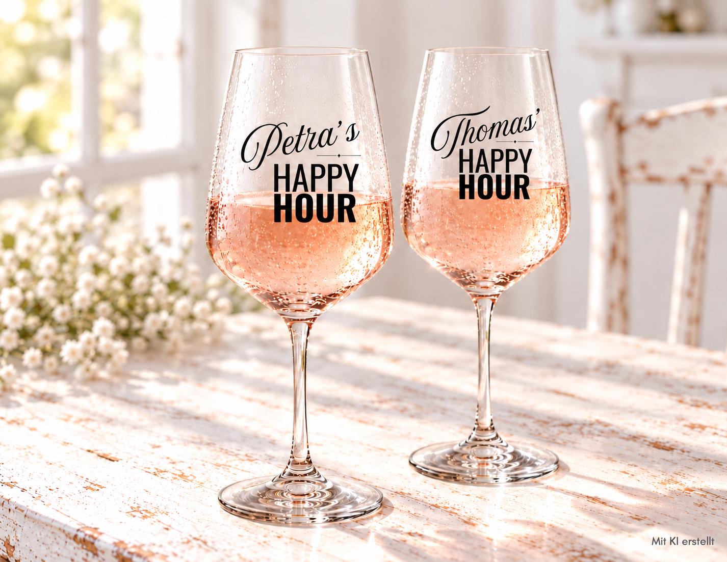 Personalisiertes Weinglas „Happy Hour“ | schönes Geschenk für Paare | Weingläser bedruckt mit Namen