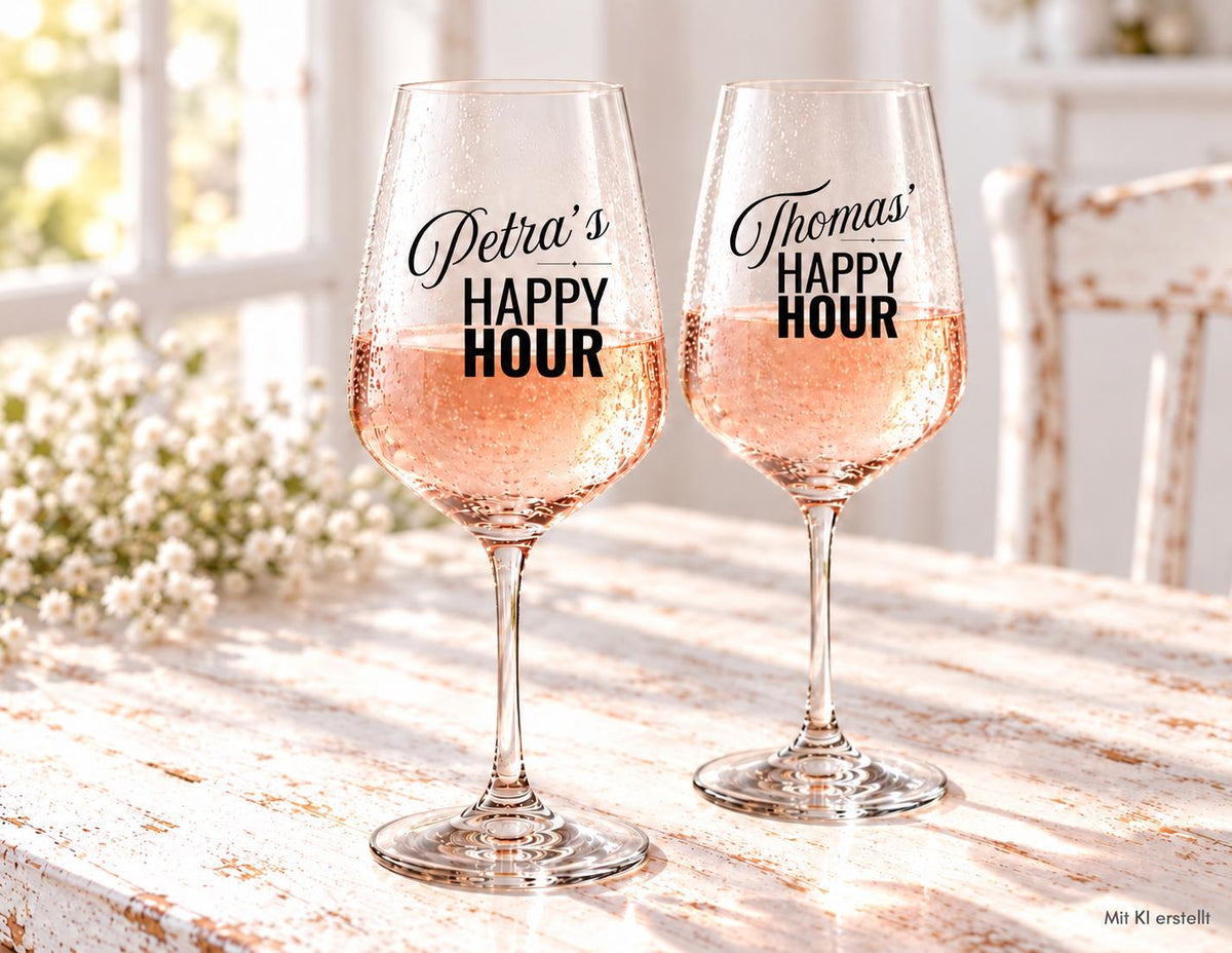 Personalisiertes Weinglas „Happy Hour“ | schönes Geschenk für Paare | Weingläser bedruckt mit Namen