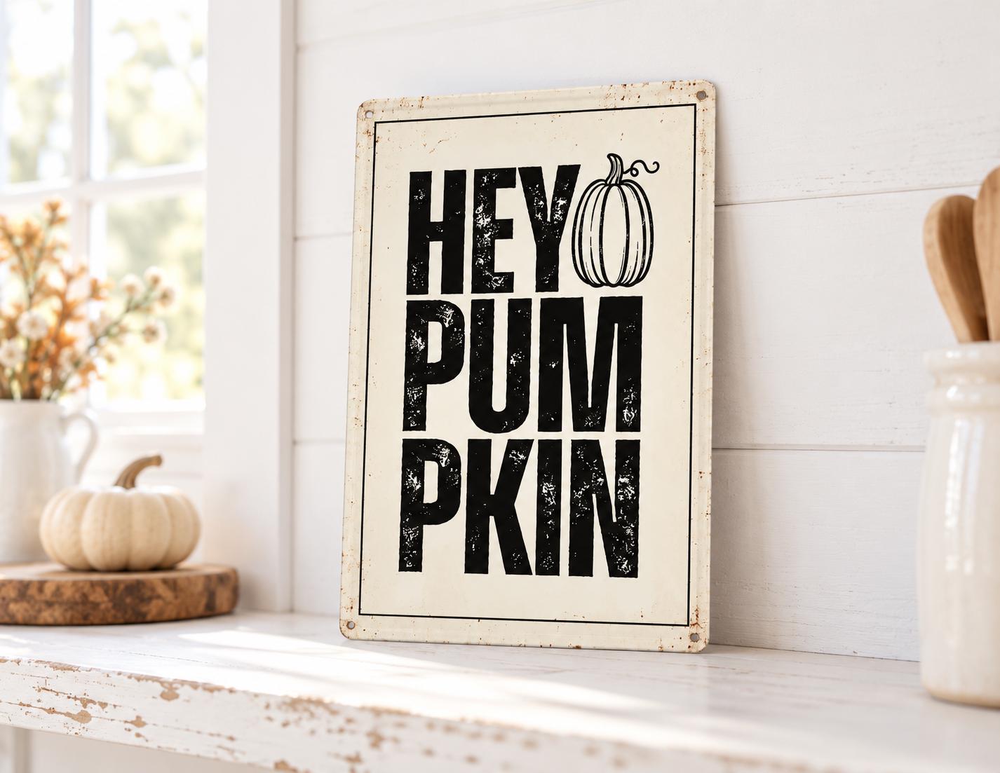 HEY PUMPKIN Metallschild Vintage | Herbstdeko für Küche & Landhaus | Weißes Blechschild mit Kürbis | Shabby Chic Wanddeko