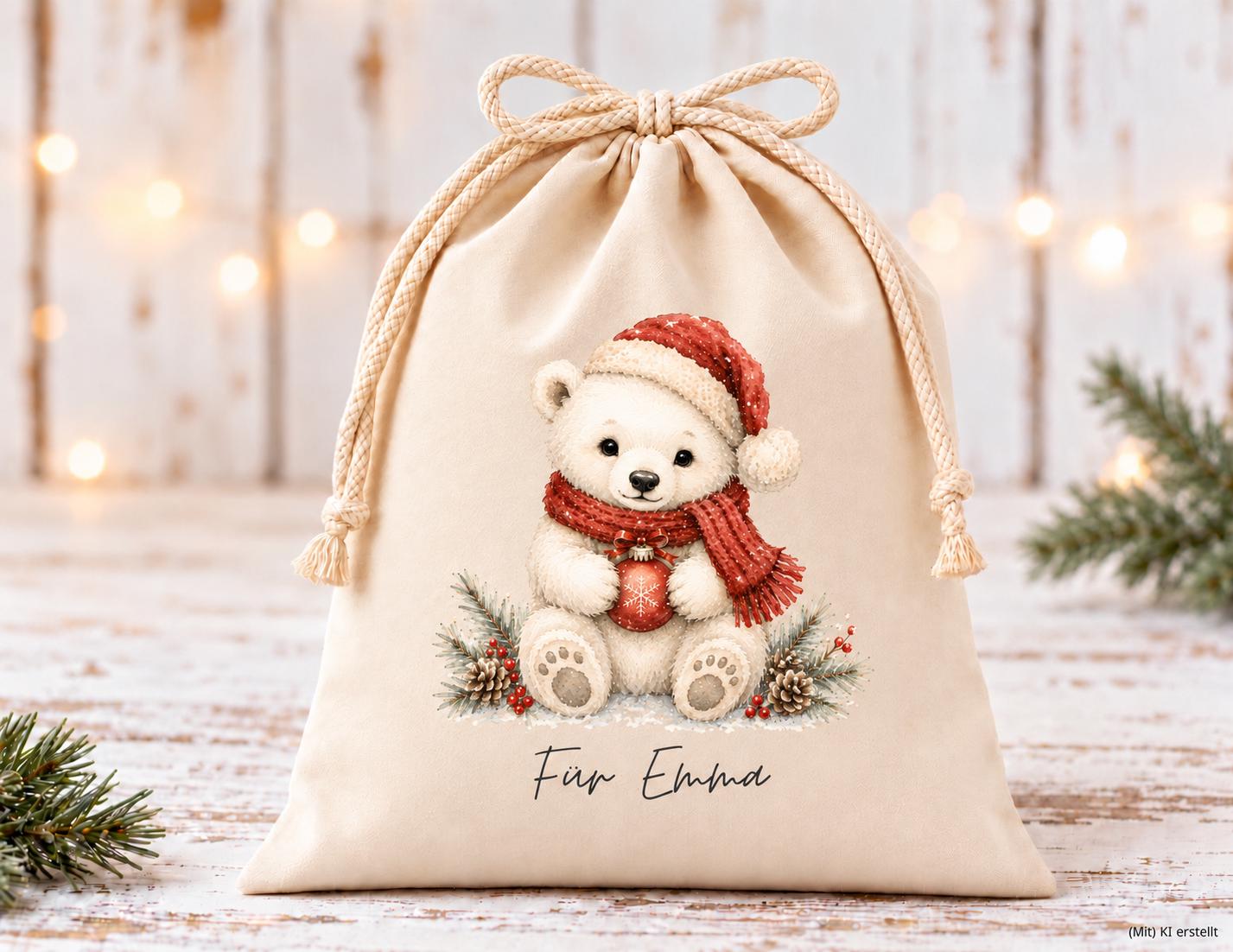 Personalisierter Geschenkbeutel mit weihnachtlichem Tier-Motiv als Verpackung für Nikolaus, Wichteln, Weihnachten | 3 Größen | 8 Motive