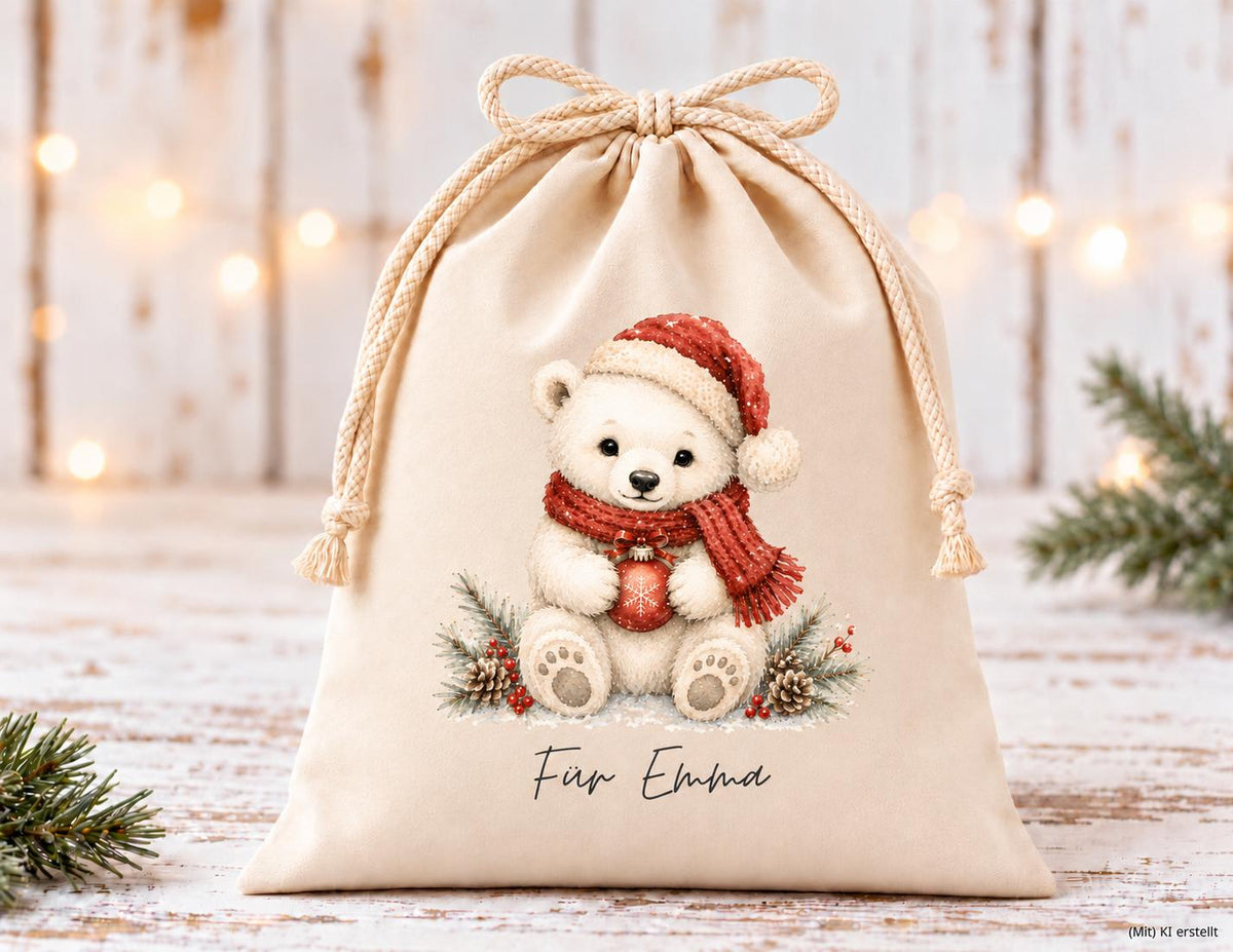 Personalisierter Geschenkbeutel mit weihnachtlichem Tier-Motiv als Verpackung für Nikolaus, Wichteln, Weihnachten | 3 Größen | 8 Motive