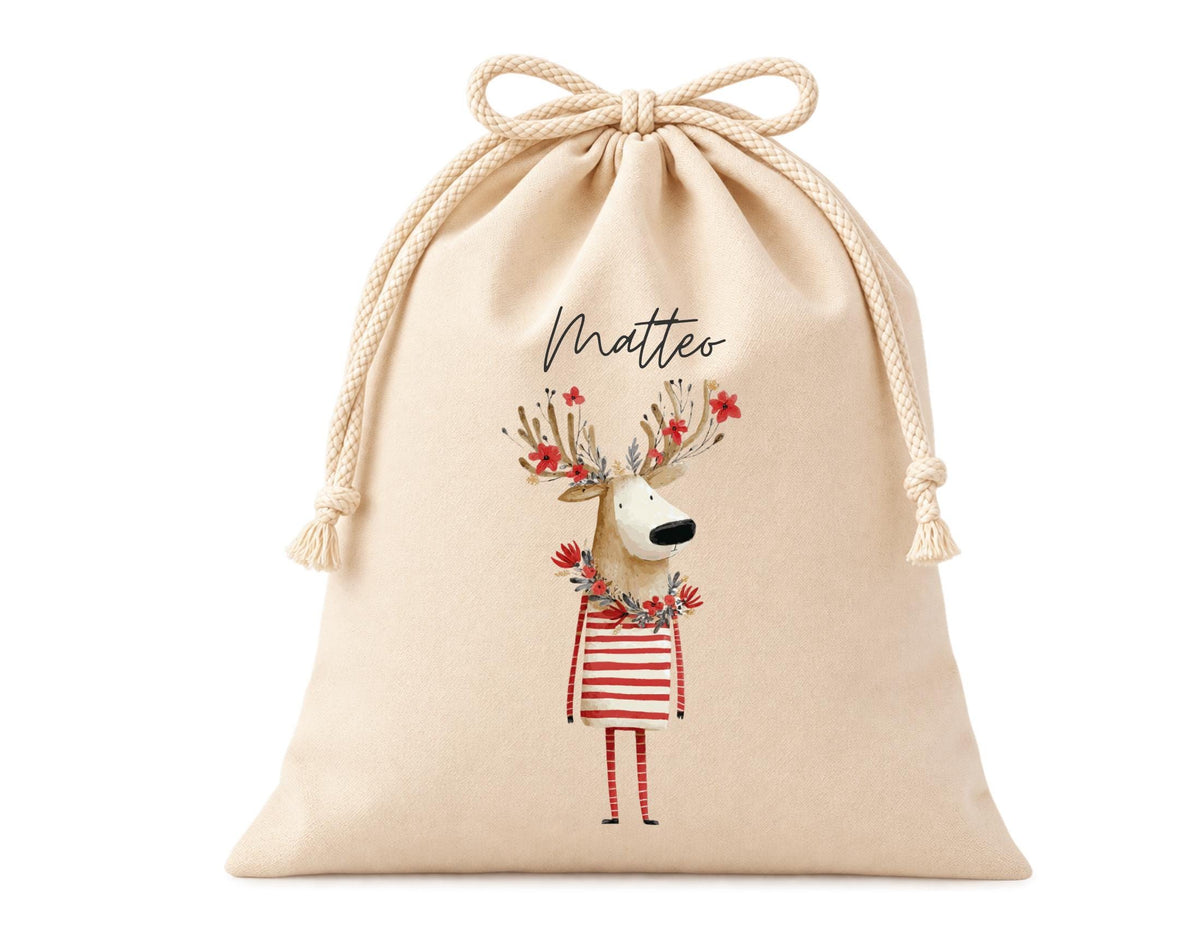 Personalisierter Geschenkbeutel mit Rentier-Motiv als Verpackung für Nikolaus, Wichteln, Weihnachten | 3 Größen | 12 Motive