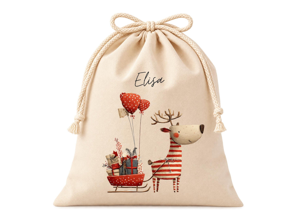 Personalisierter Geschenkbeutel mit Rentier-Motiv als Verpackung für Nikolaus, Wichteln, Weihnachten | 3 Größen | 12 Motive