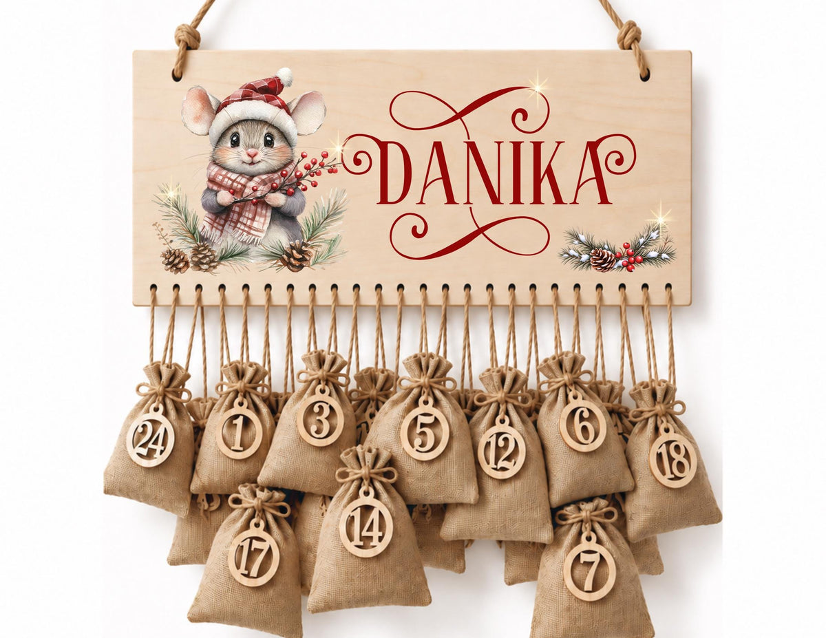 Personalisierbarer Adventskalender aus Holz | mit niedlichen Weihnachts-Mäusen – wiederverwendbar & liebevoll befüllbar