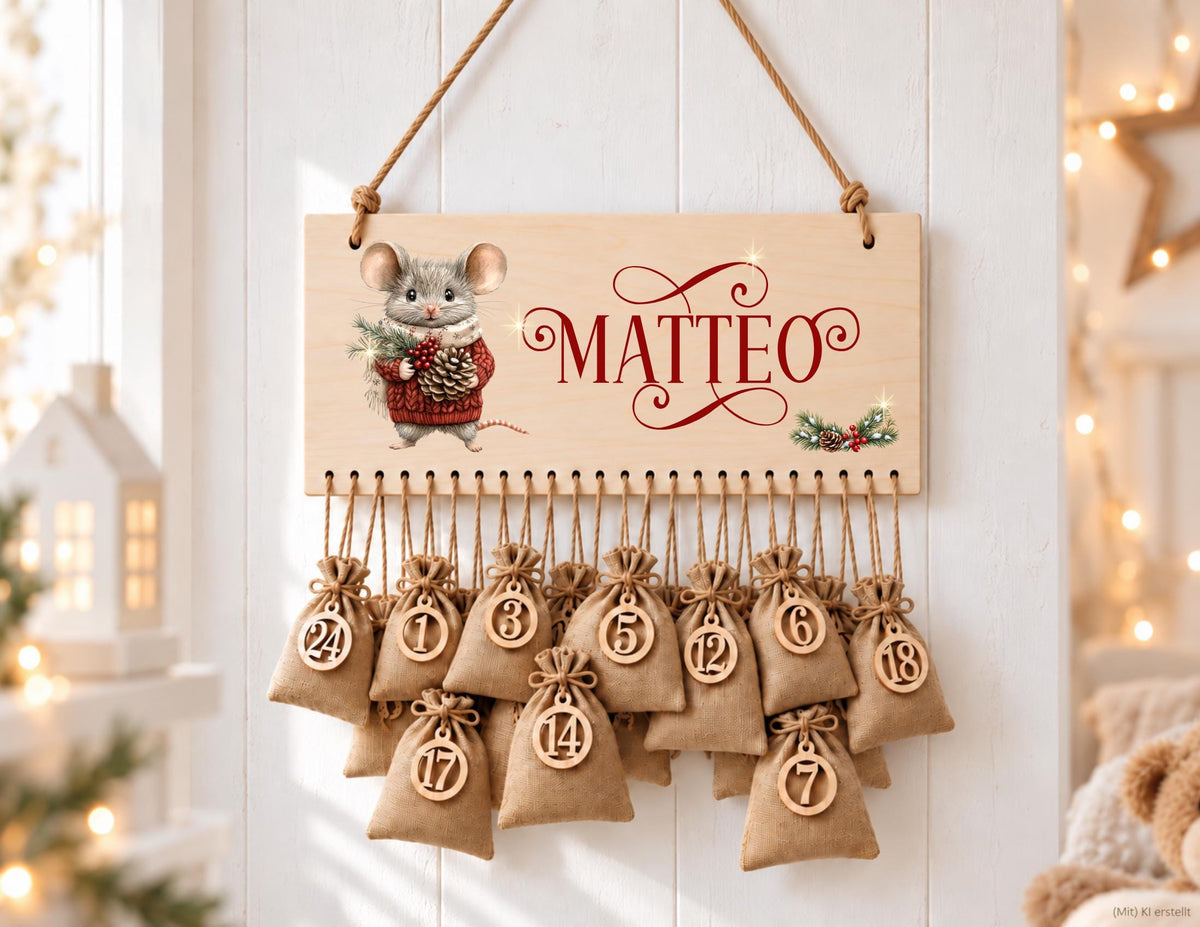 Personalisierbarer Adventskalender aus Holz | mit niedlichen Weihnachts-Mäusen – wiederverwendbar & liebevoll befüllbar