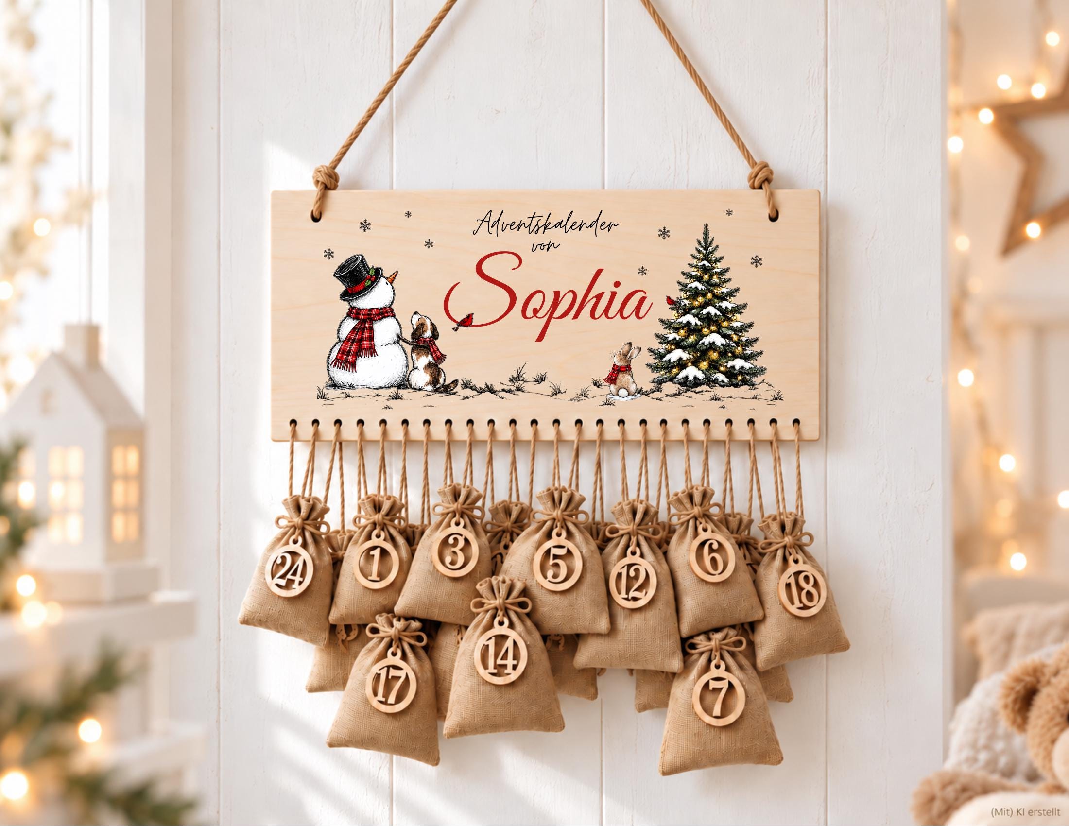 Personalisierbarer Adventskalender aus Holz | Schneemann und Waldtiere | wiederverwendbar & liebevoll befüllbar