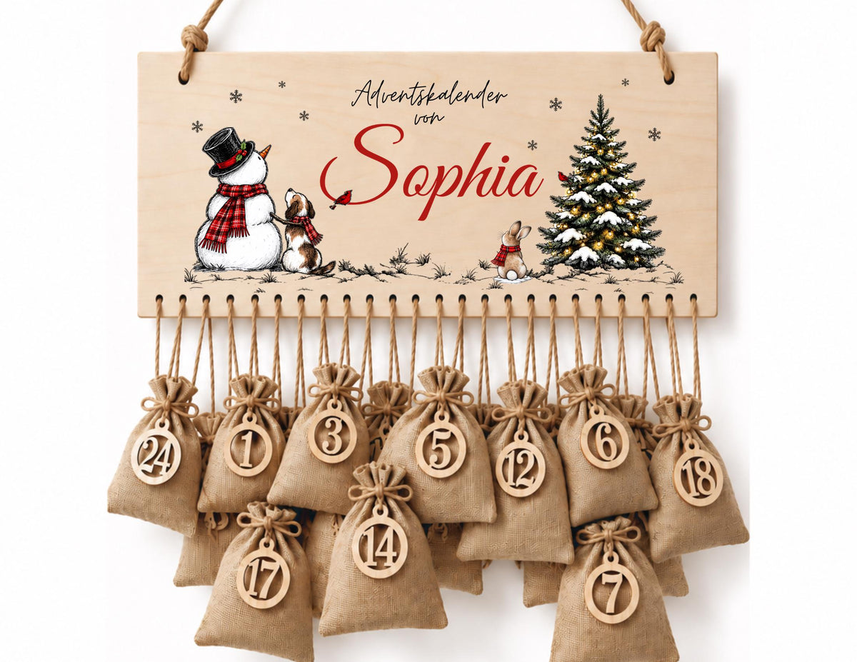 Personalisierbarer Adventskalender aus Holz | Schneemann und Waldtiere | wiederverwendbar & liebevoll befüllbar