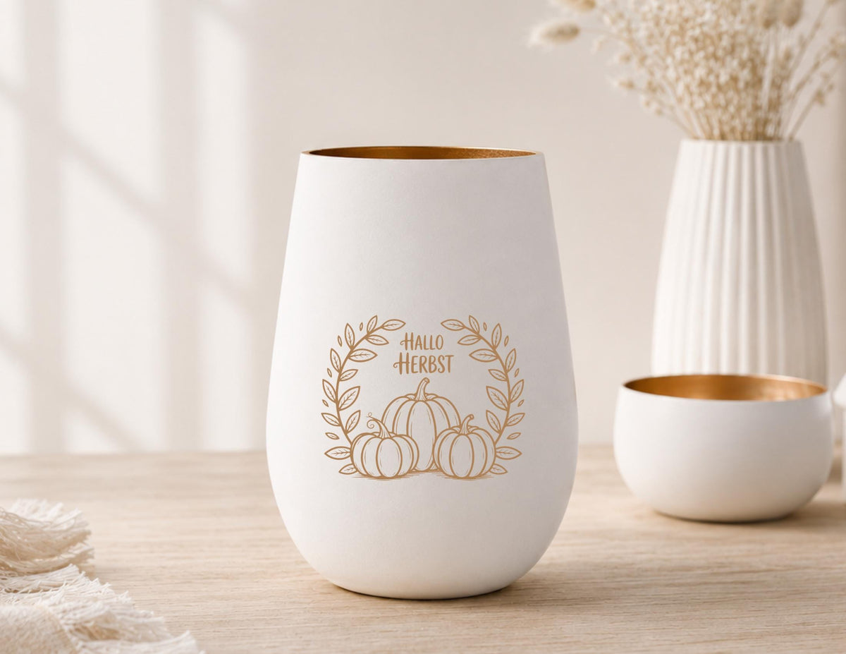 Herbst Windlicht „Hallo Herbst“ mit Kürbis Motiv – weißes Glaswindlicht mit Goldschein – gemütliche Herbstdeko Geschenkidee