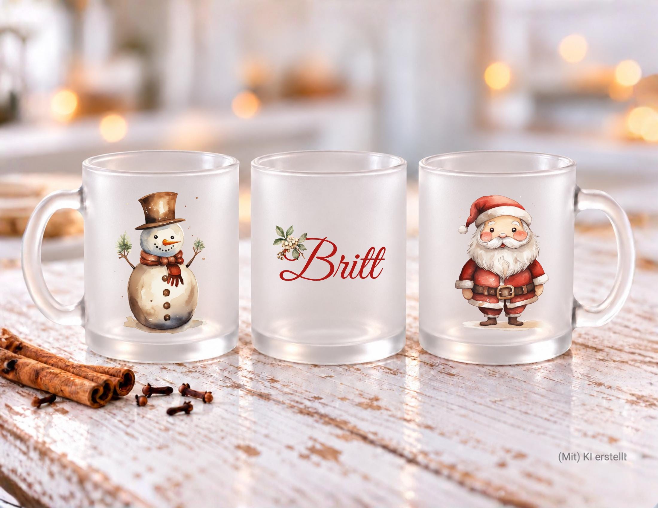 Personalisierte satinierte Glastasse | niedliche Weihnachtsmotive und dein Name | Teetasse