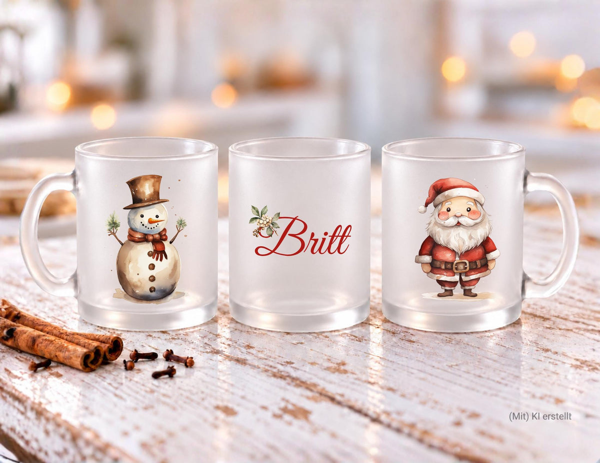 Personalisierte satinierte Glastasse | niedliche Weihnachtsmotive und dein Name | Teetasse
