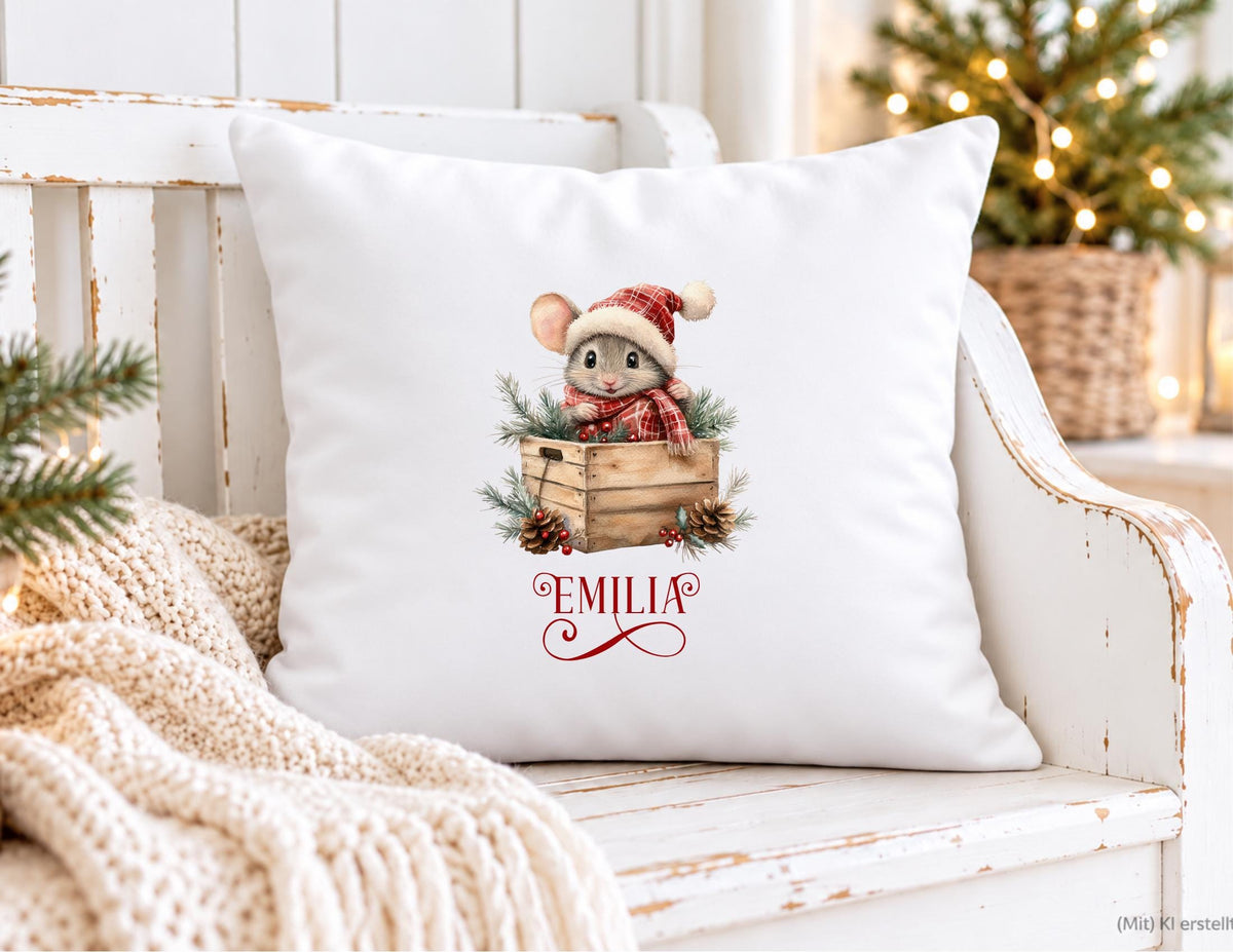 Personalisierbares Weihnachtskissen mit süßen Mäusen – Geschenk mit Namen & Wunschmotiv | Kissen mit Füllung | 24 Motive zur Auswahl