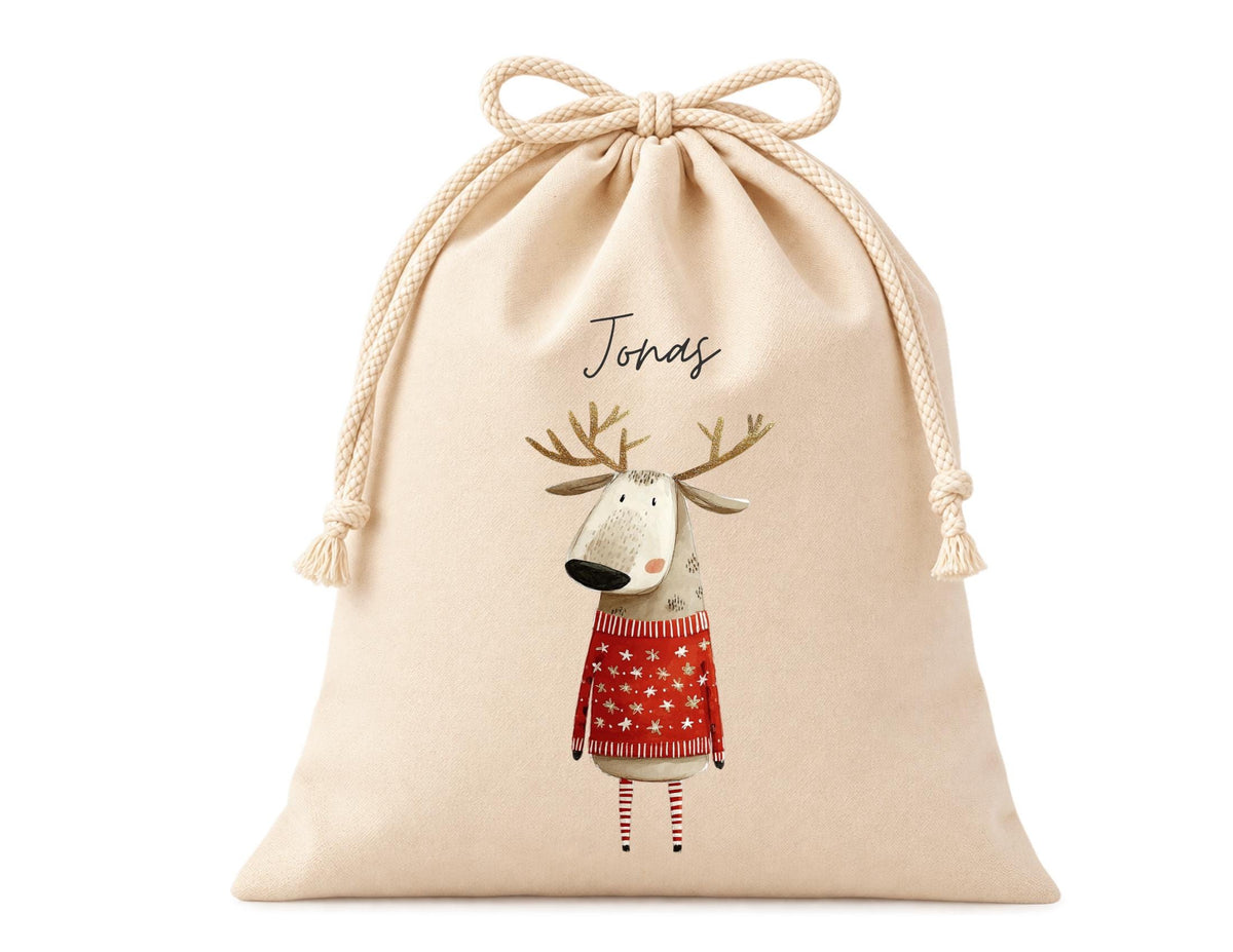 Personalisierter Geschenkbeutel mit Rentier-Motiv als Verpackung für Nikolaus, Wichteln, Weihnachten | 3 Größen | 12 Motive