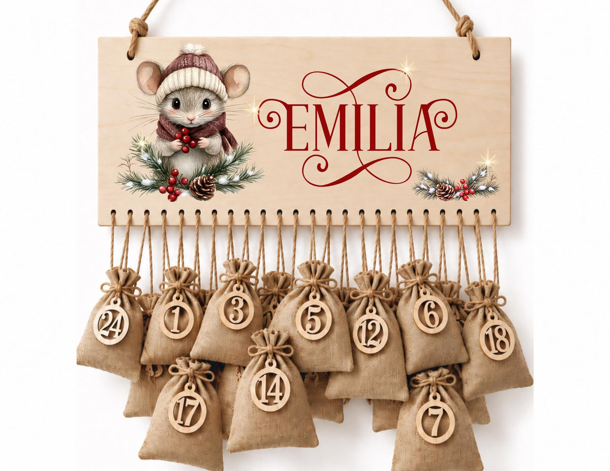 Personalisierbarer Adventskalender aus Holz | mit niedlichen Weihnachts-Mäusen – wiederverwendbar & liebevoll befüllbar