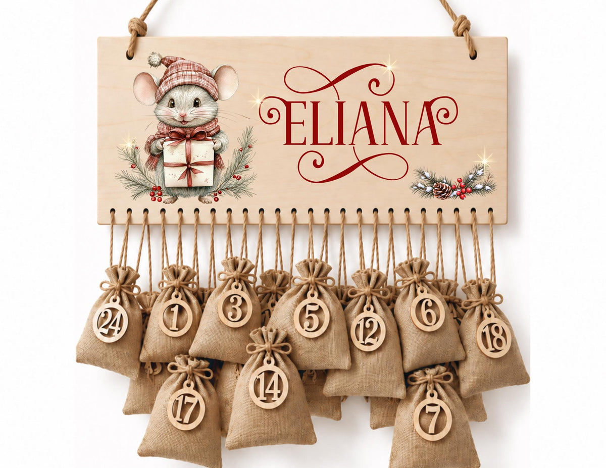 Personalisierbarer Adventskalender aus Holz | mit niedlichen Weihnachts-Mäusen – wiederverwendbar & liebevoll befüllbar