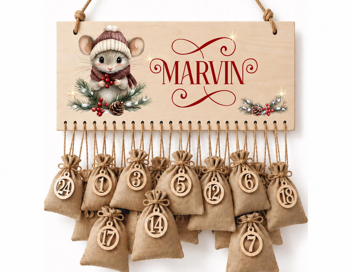 Personalisierbarer Adventskalender aus Holz | mit niedlichen Weihnachts-Mäusen – wiederverwendbar & liebevoll befüllbar
