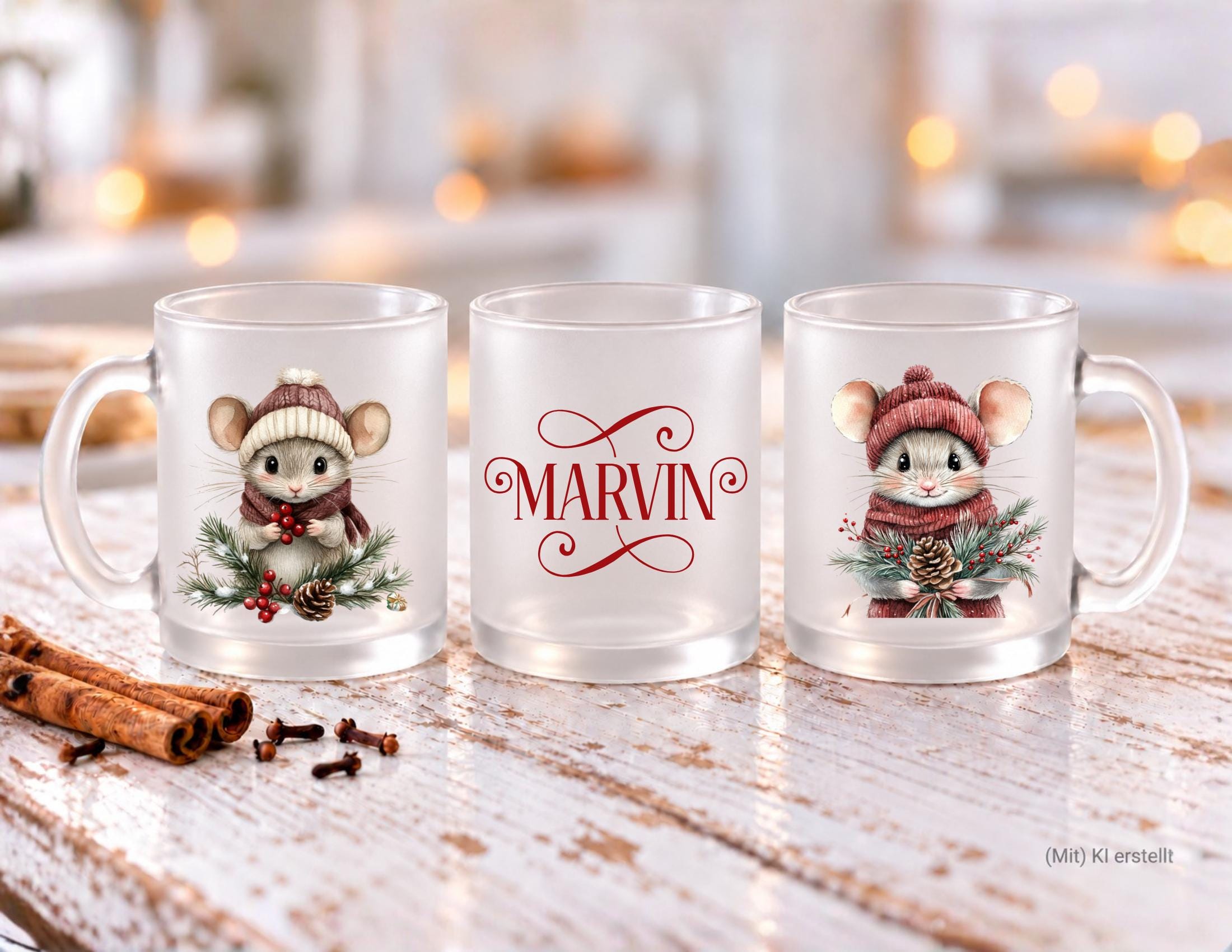 Personalisierte satinierte Glastasse | niedliche Mäuse und dein Name | Teetasse | 24 Motive zur Auswahl