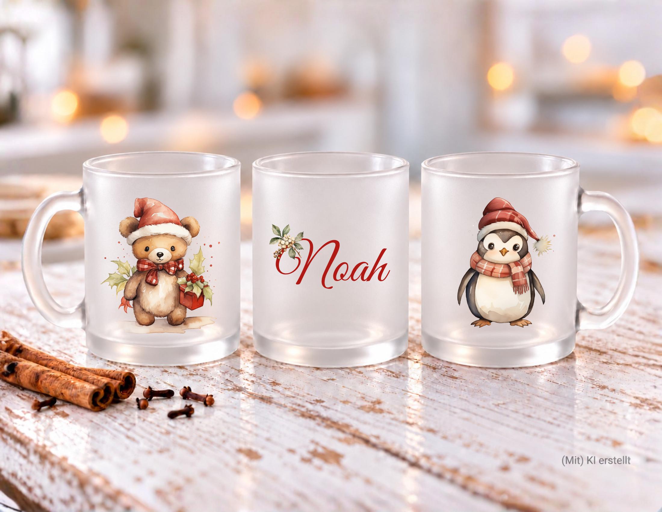 Personalisierte satinierte Glastasse | niedliche Weihnachtsmotive und dein Name | Teetasse