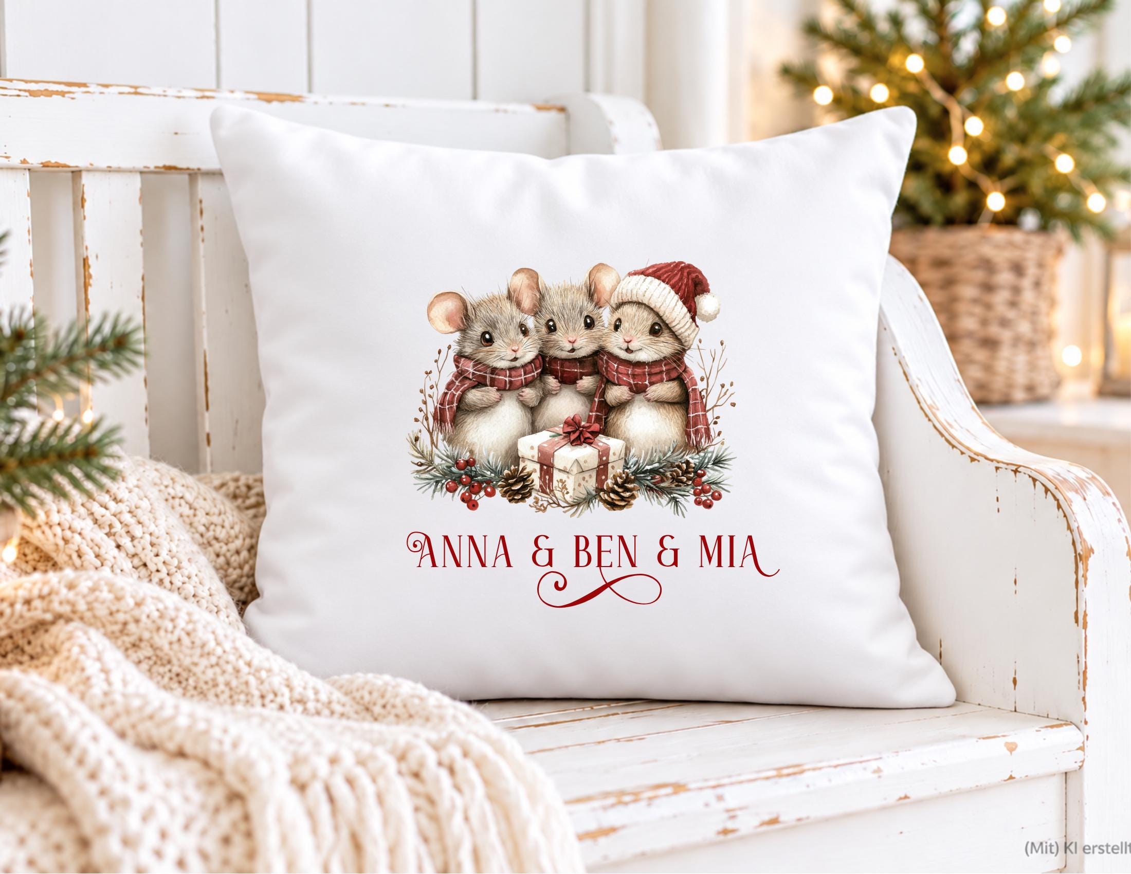 Personalisierbares Weihnachtskissen mit süßen Mäusen – Geschenk mit Namen & Wunschmotiv | Kissen mit Füllung | 24 Motive zur Auswahl