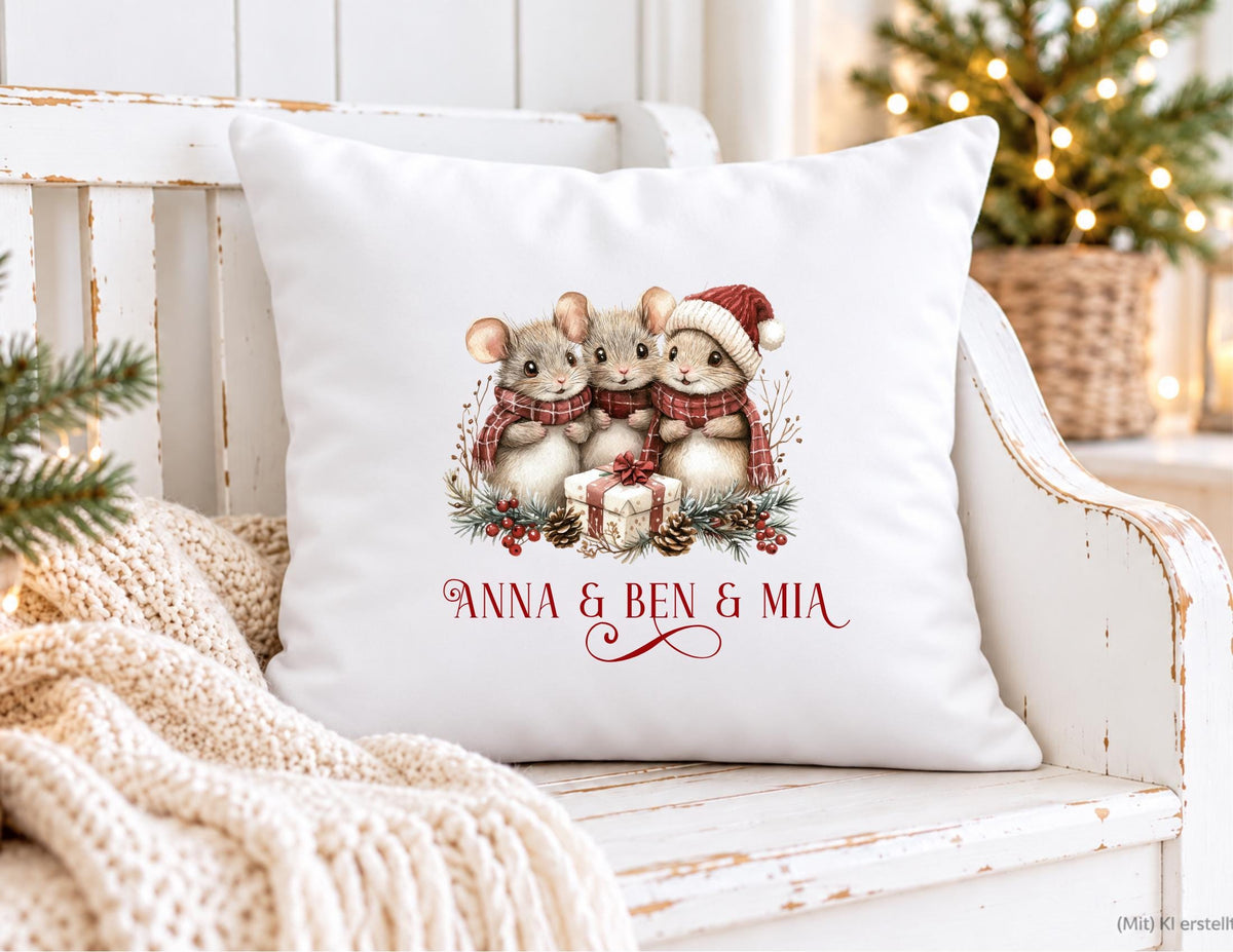 Personalisierbares Weihnachtskissen mit süßen Mäusen – Geschenk mit Namen & Wunschmotiv | Kissen mit Füllung | 24 Motive zur Auswahl