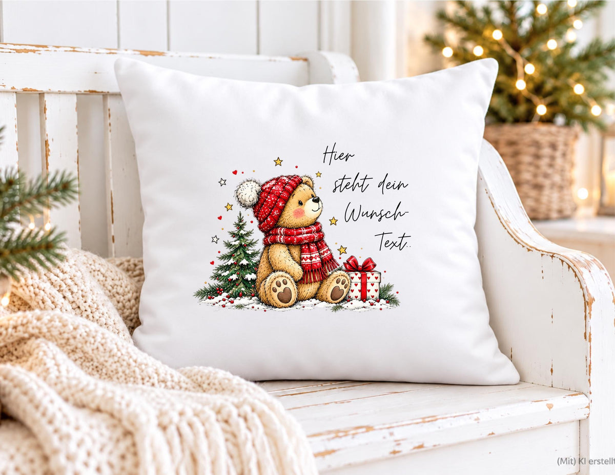 Personalisiertes Weihnachtskissen mit Bärchen – Kuschelkissen mit Wunschtext, Geschenk für Oma, Mama oder Familie | mit Füllung