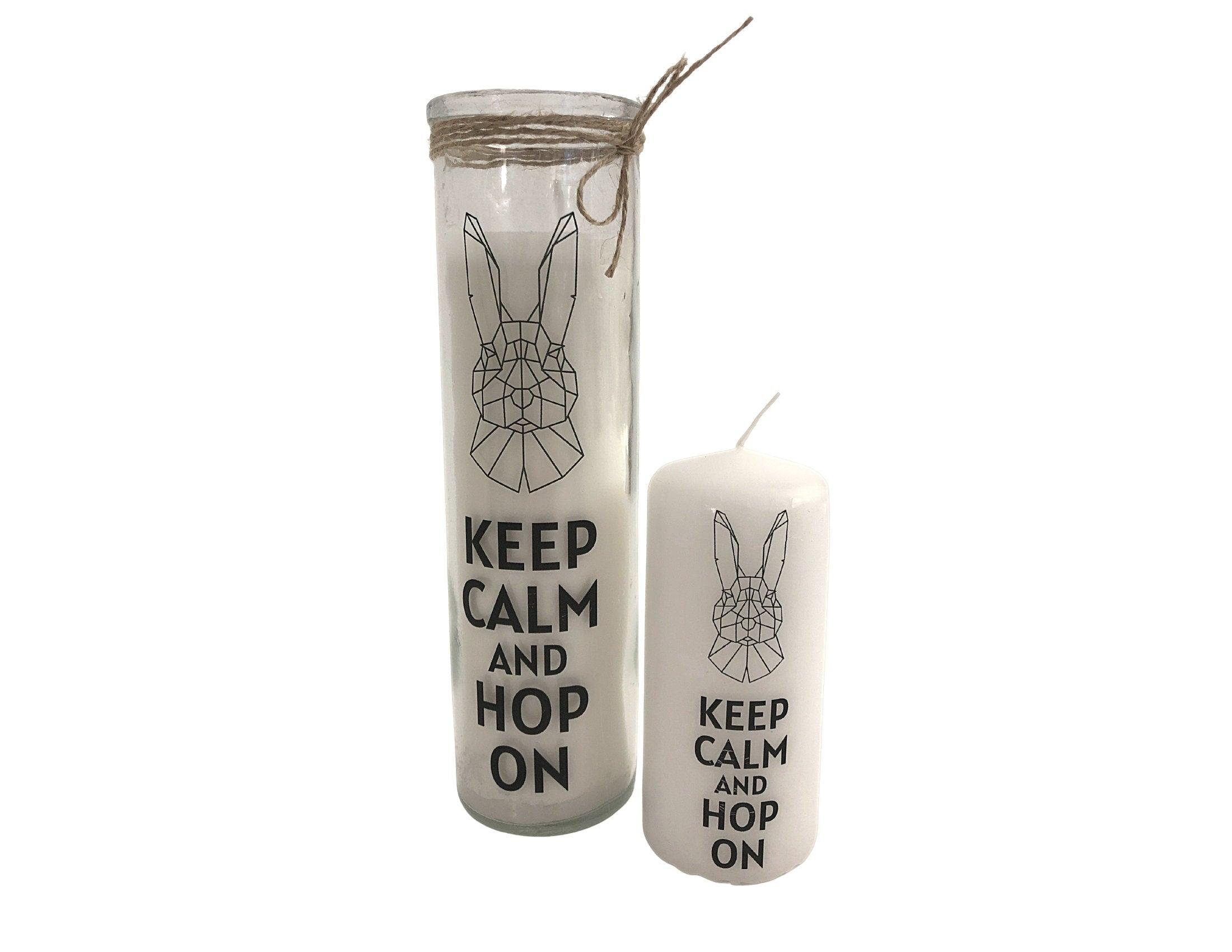 Oster Kerze im Glas | schlankes Glas | Keep calm and hop on | Kerzen mit Botschaft | Skandi Deko | Geschenkidee Ostern Hase Origami - Roo's Gift Shop