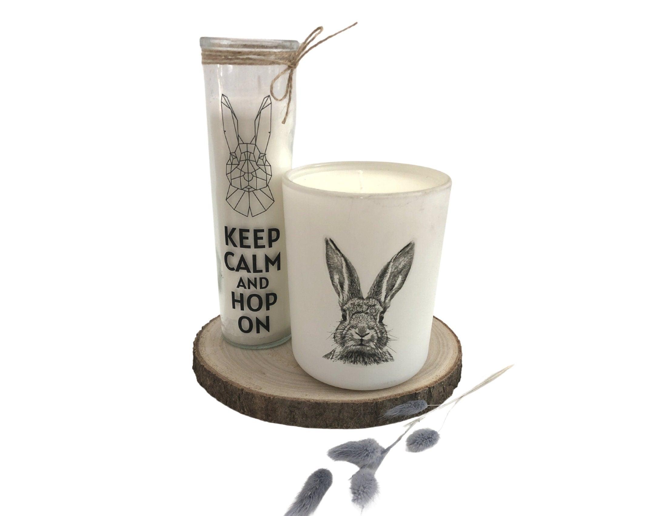 Oster Kerze im Glas | schlankes Glas | Keep calm and hop on | Kerzen mit Botschaft | Skandi Deko | Geschenkidee Ostern Hase Origami - Roo's Gift Shop