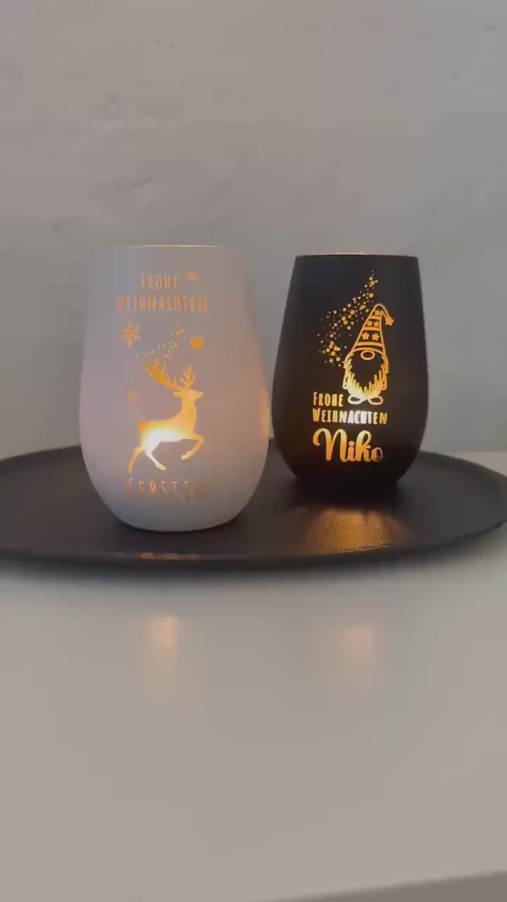 Windlicht Weihnachten personalisiert | gelasertes Glas innen gold | außen schwarz oder weiß | diverse Motive mit Deinem Namen