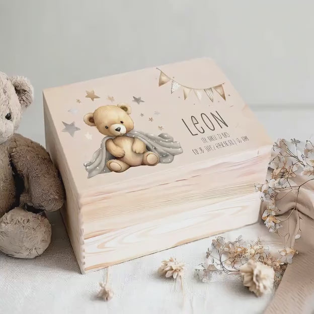 Erinnerungskiste | personalisiert | Baby | Teddy-Motiv | Holz Erinnerungsbox | Babygeschenk | Taufgeschenk | Geschenkidee zur Geburt