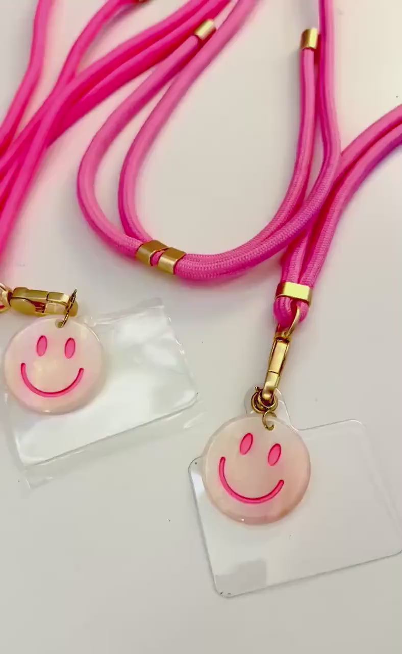 Lange schmale Handyketten Smiley | verstellbare Länge | Schnur Band für Mobiltelefone inkl. Adapter | goldene Karabiner | Smiley-Anhänger