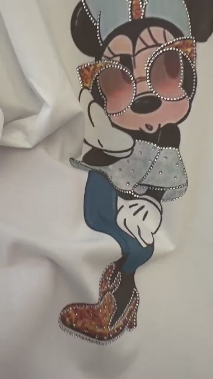 T-Shirt | Glitzer Maus | Minnie mit Sonnenbrille in Jeans | Strass | weiß