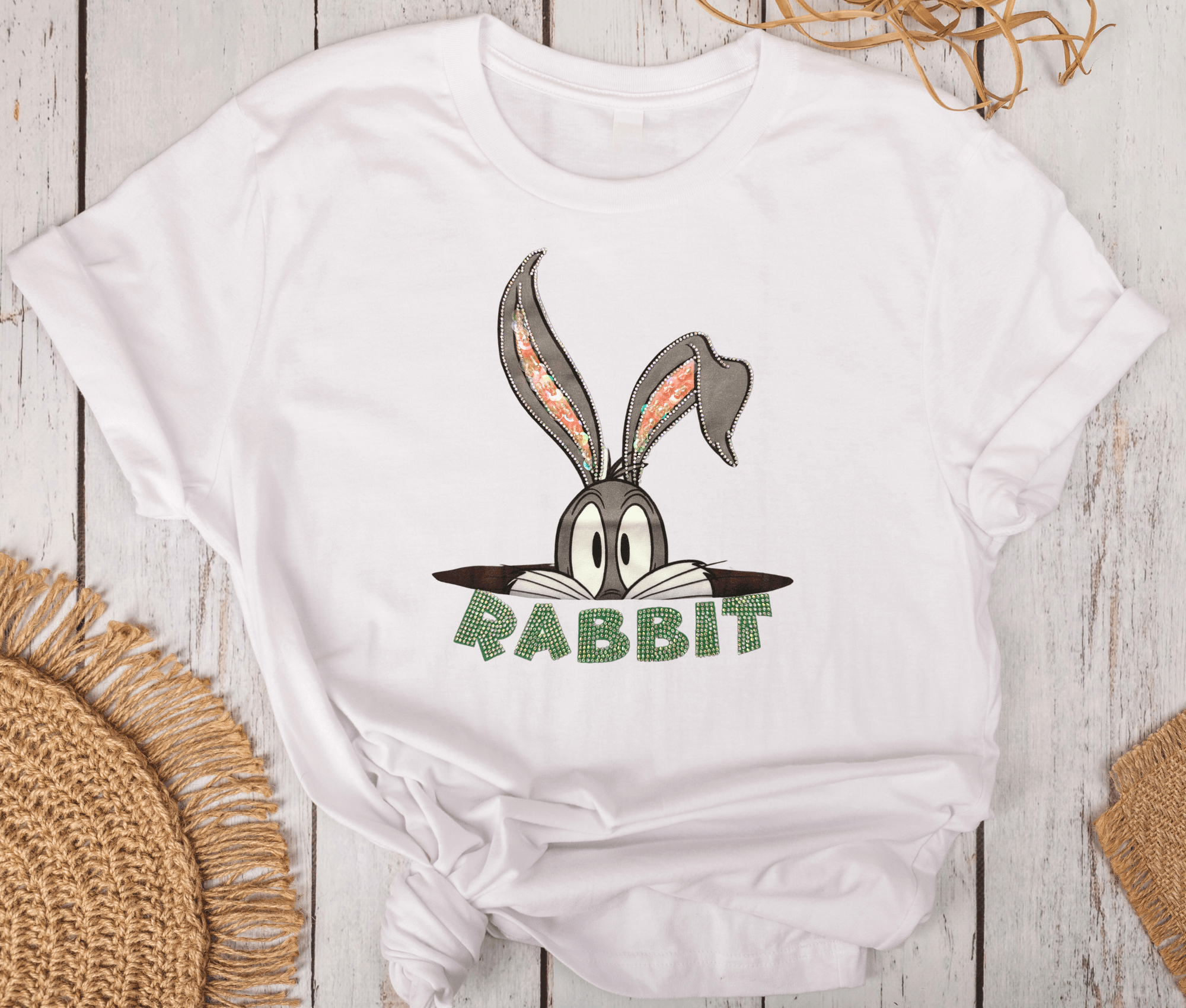 T-Shirt | Glitzer Hase | Rabbit | Strass | weiß - Roo's Gift Shop