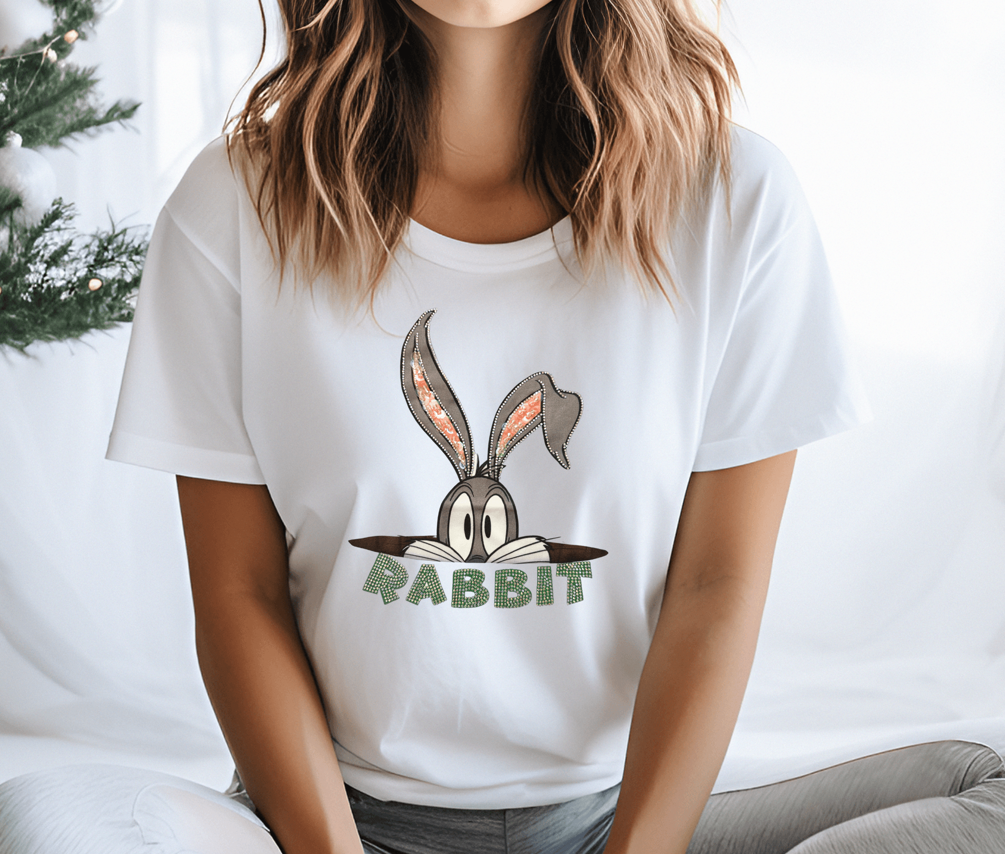 T-Shirt | Glitzer Hase | Rabbit | Strass | weiß - Roo's Gift Shop