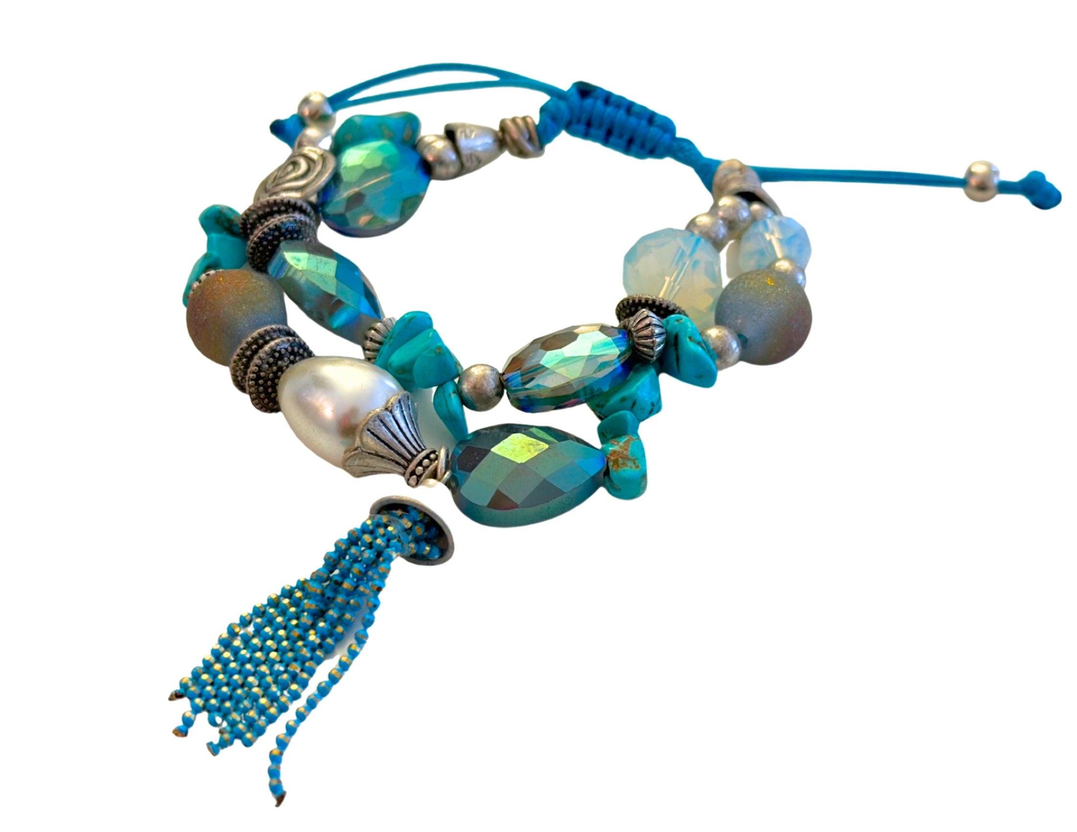 Armband | Ibiza Style | türkis silber | Makrameeknoten - Roo's Gift Shop