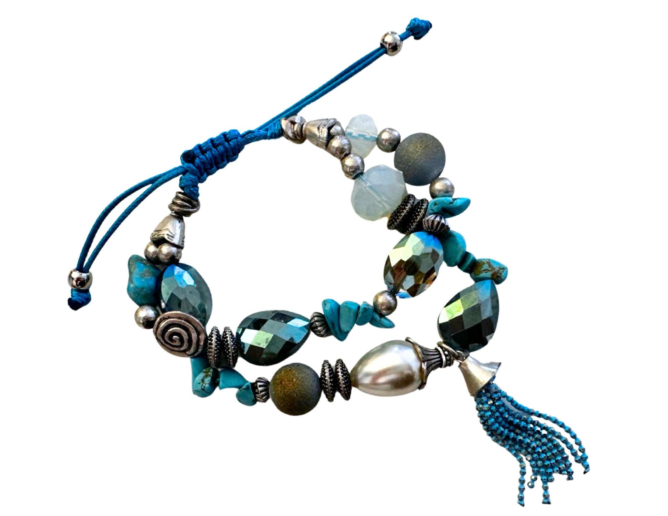 Armband | Ibiza Style | türkis silber | Makrameeknoten - Roo's Gift Shop