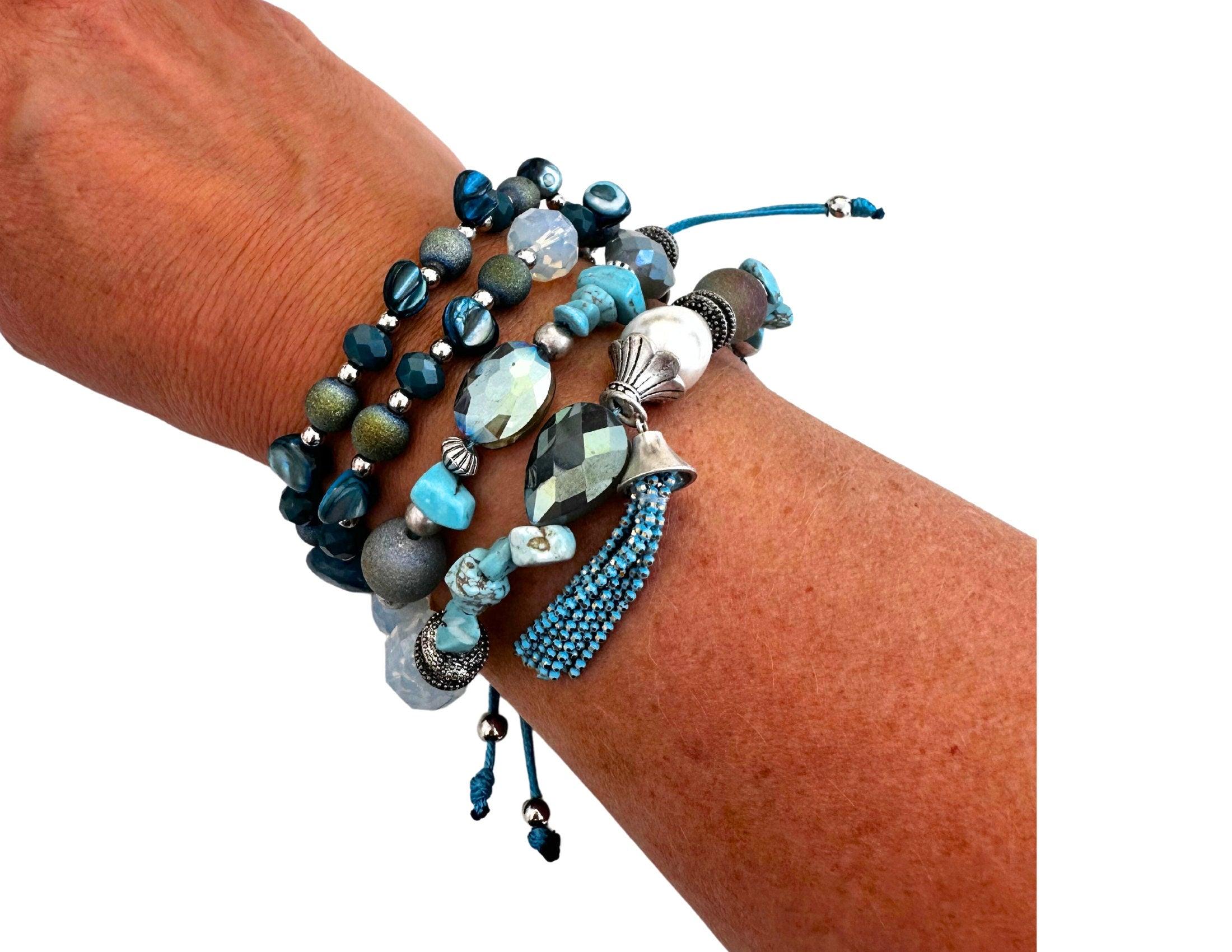 Armband | Ibiza Style | türkis silber | Makrameeknoten - Roo's Gift Shop