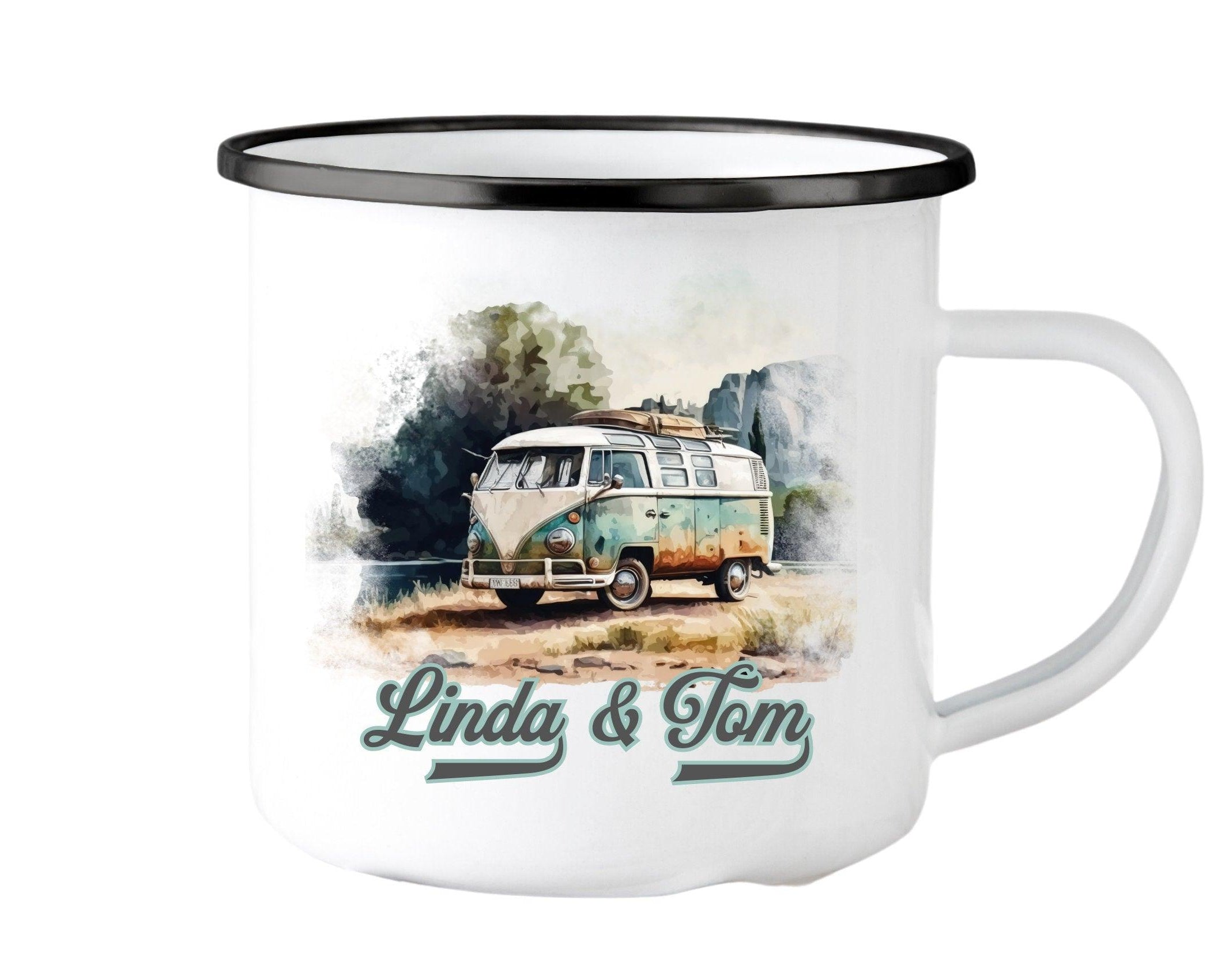 Emaille Tasse | Camping | personalisiert | Retro VW-Bulli - Roo's Gift Shop
