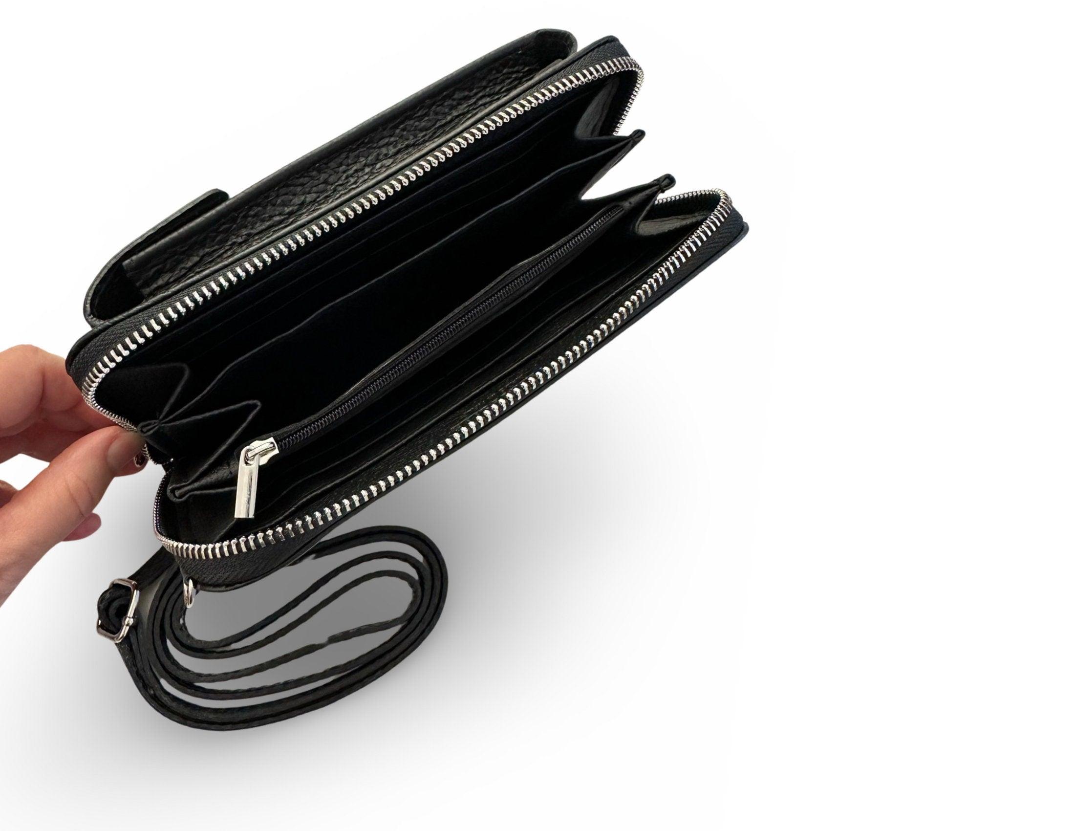 Handyportemonnaie | schwarze Geldbörse | Echt Leder plus Gurte - Roo's Gift Shop