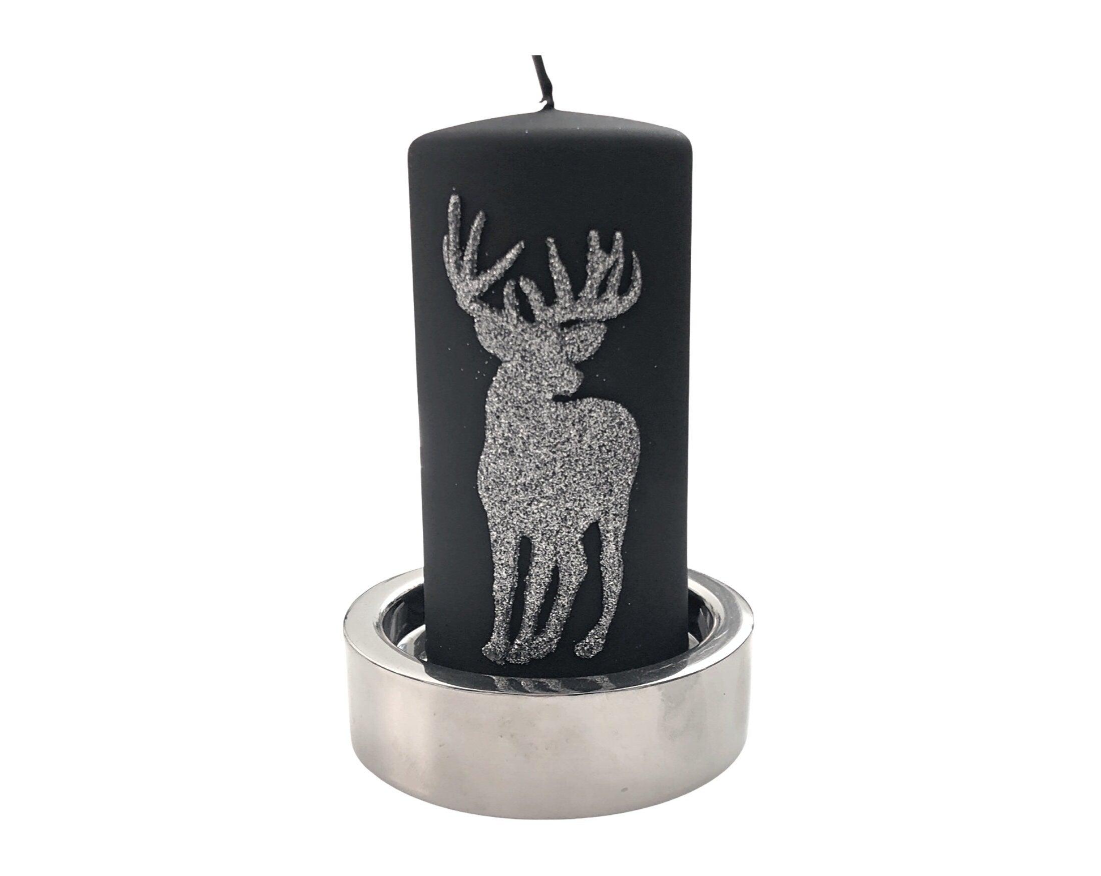 Kerze Weihnachten | Schwarz mit Glitzer Hirsch | 13 cm - Roo's Gift Shop