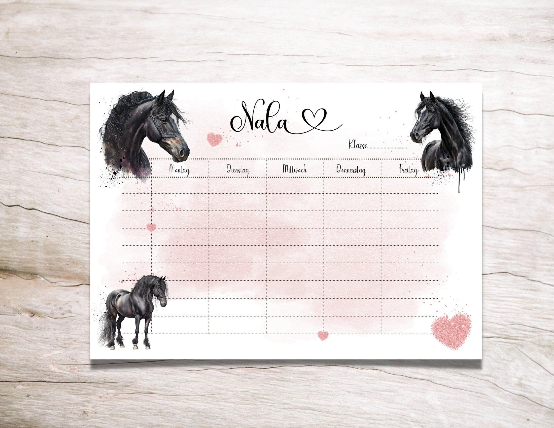 Personalisierter Stundenplan | schwarze Pferde | rosa Glitzer Herz | magnetisch und abwischbar | nachhaltig | auch zum Download - Roo's Gift Shop