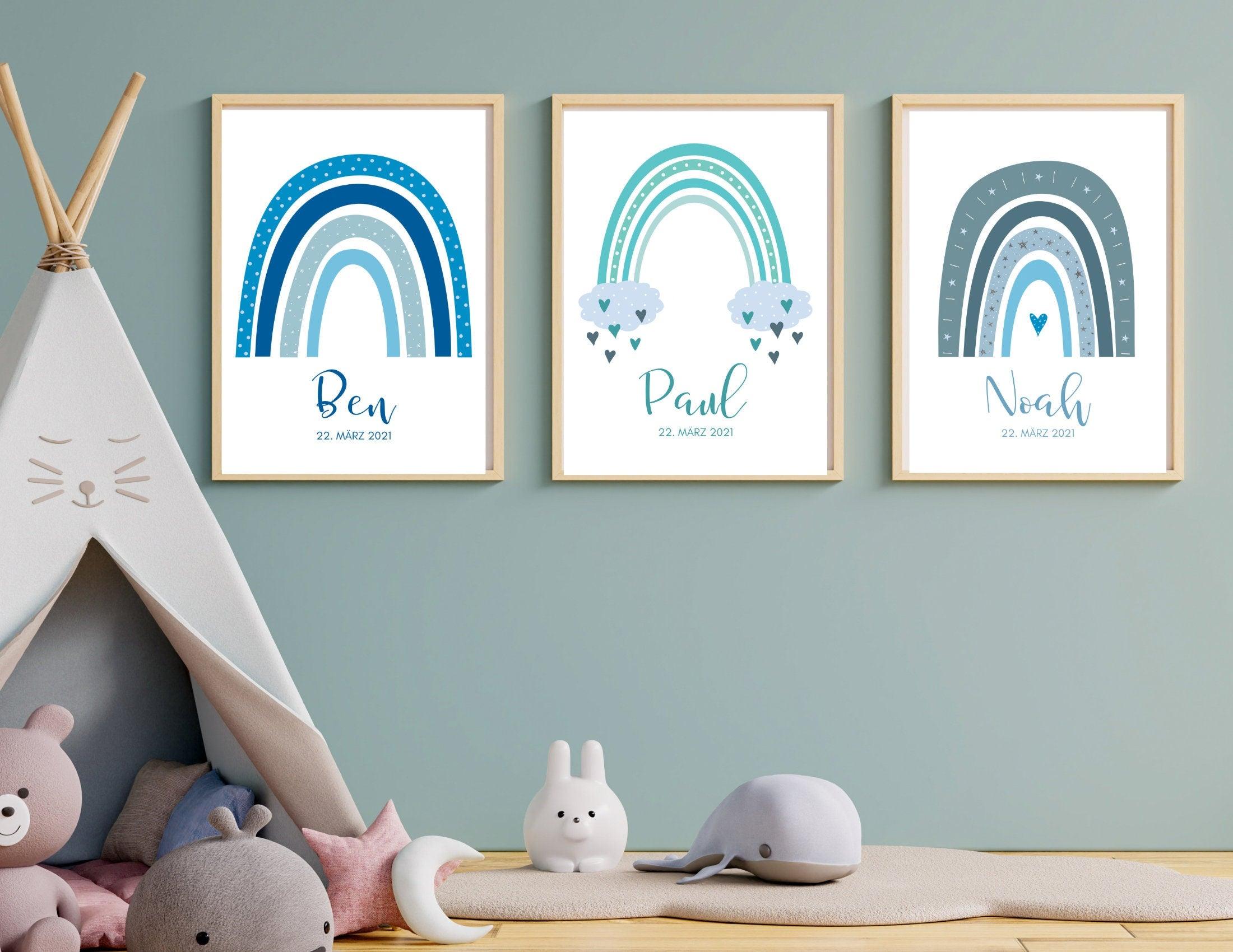 Poster Geburt | personalisierter Regenbogen blau - Roo's Gift Shop