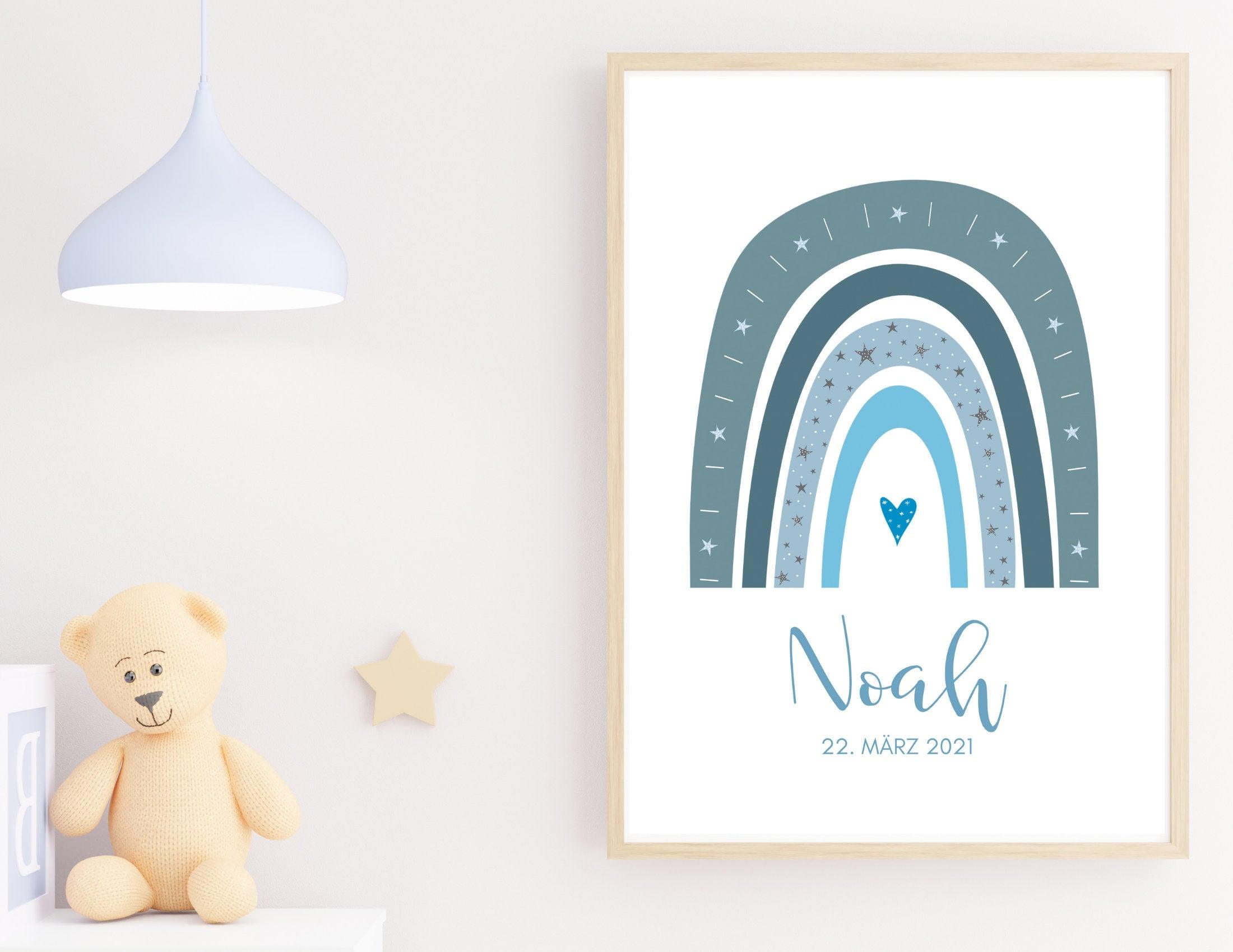 Poster Geburt | personalisierter Regenbogen blau - Roo's Gift Shop