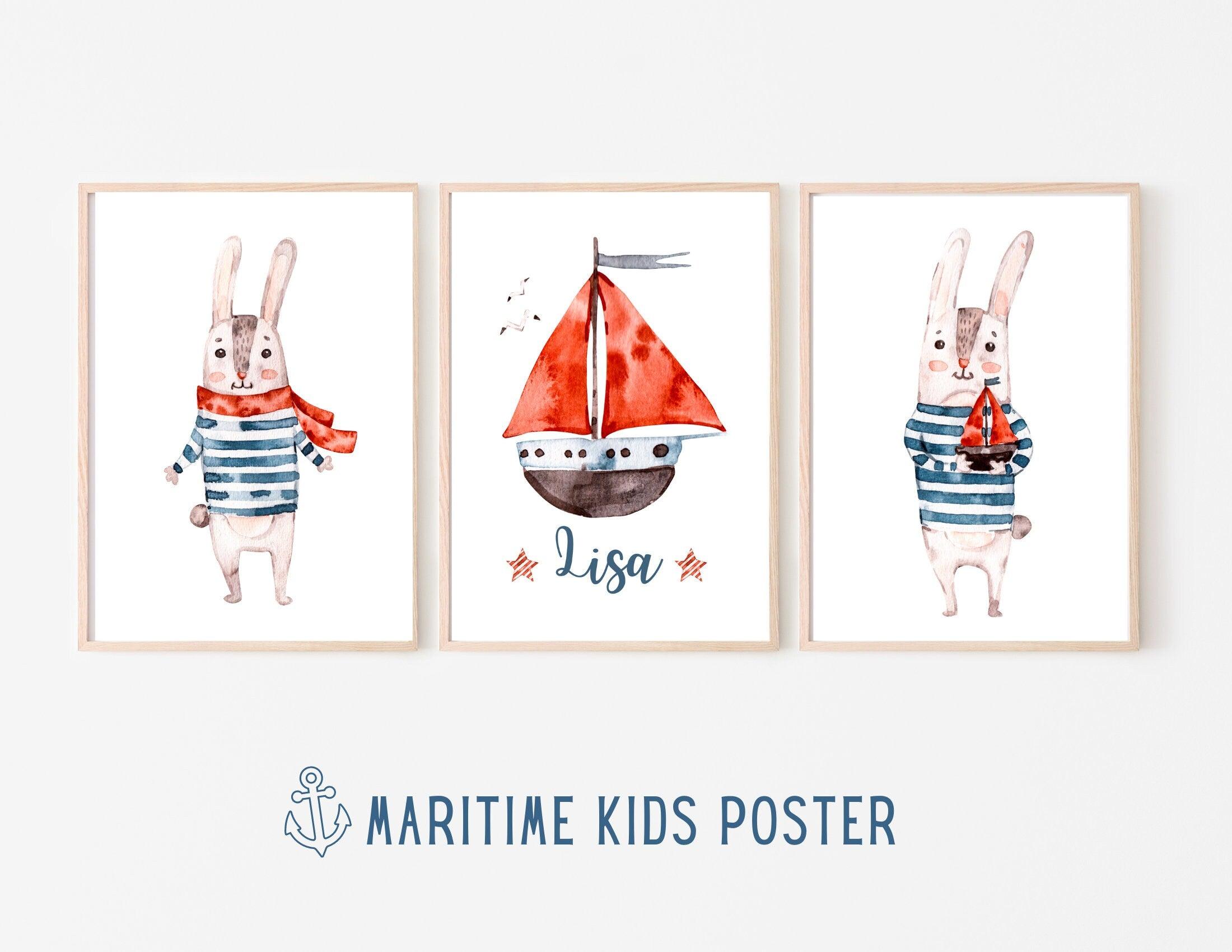 Poster | Kids | maritime Hasen | personalisiert - Roo's Gift Shop