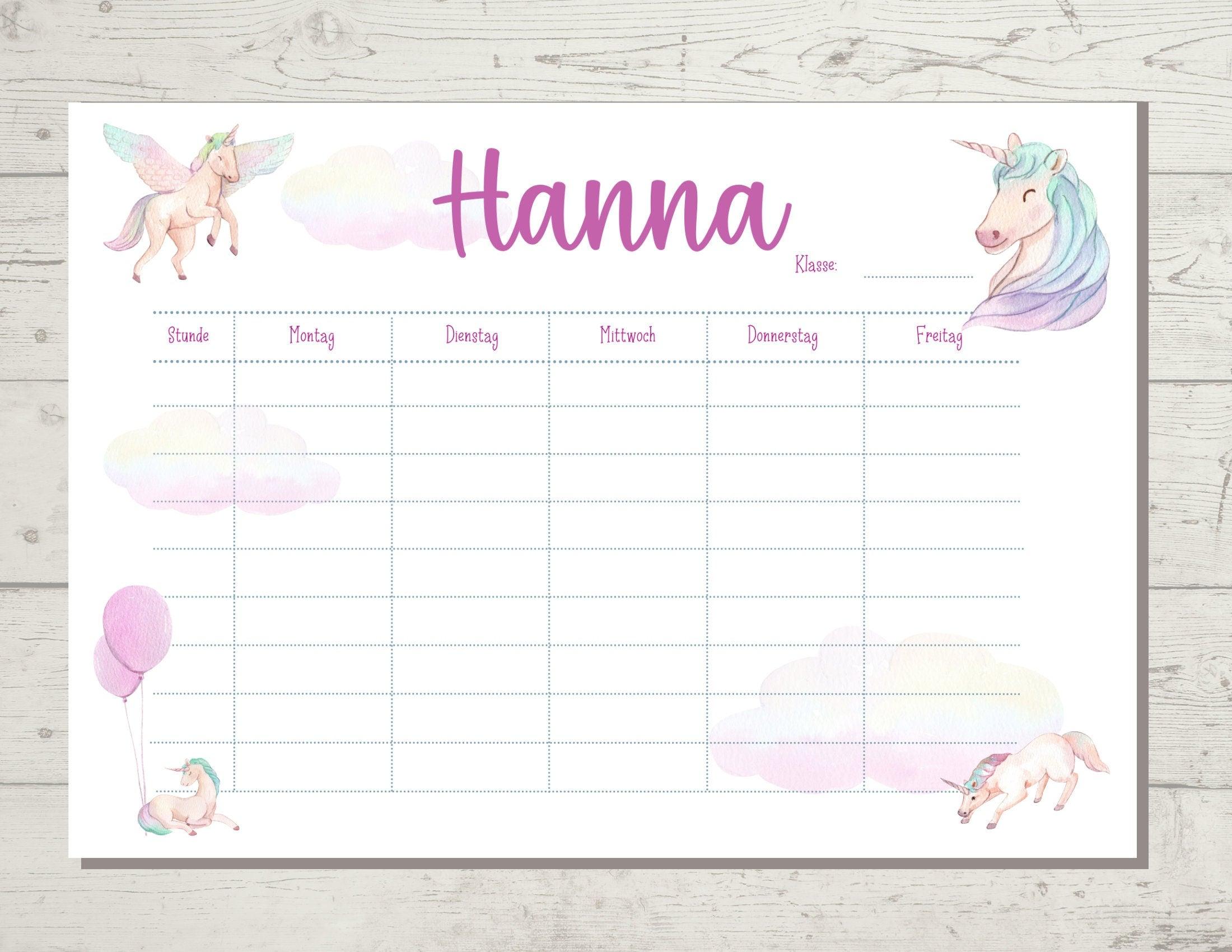 Stundenplan | personalisiert | Einhorn rosa - Roo's Gift Shop